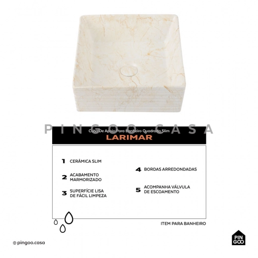 Cuba de Apoio Slim Quadrada para Banheiro Louça Cerâmica 38x37,5cm Larimar Marmorizado Gold