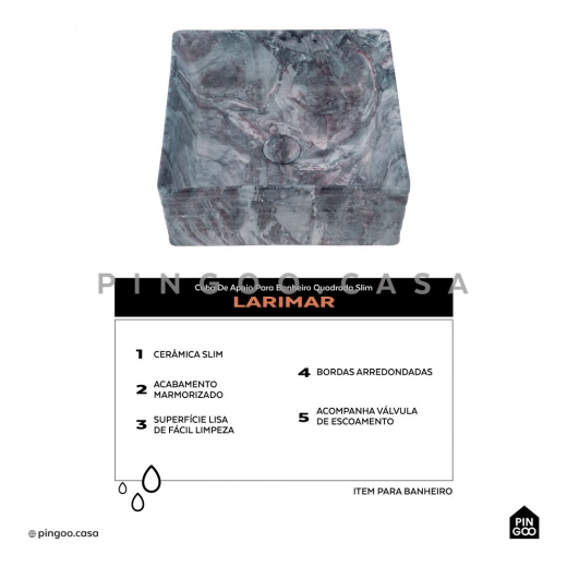 Cuba de Apoio Slim Quadrada para Banheiro Louça Cerâmica 38x37,5cm Larimar Marmorizado Grafite