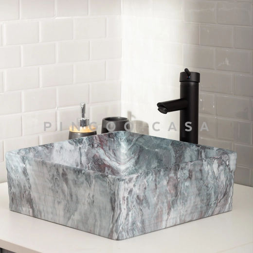 Cuba de Apoio Slim Quadrada para Banheiro Louça Cerâmica 38x37,5cm Larimar Marmorizado Grafite