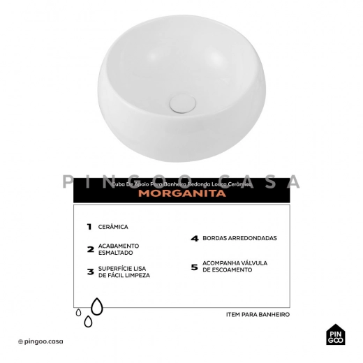 Cuba de Apoio Redonda para Banheiro Louça Cerâmica 41cm Morganita Branco