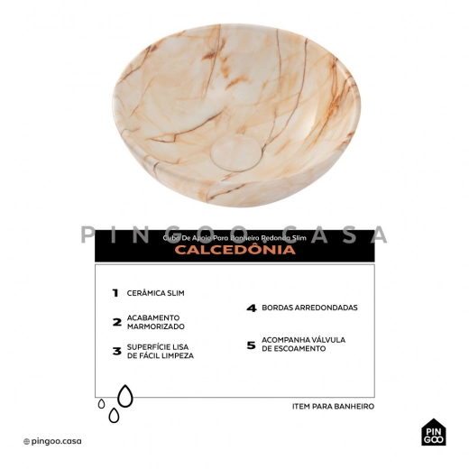 Cuba de Apoio Redonda Slim para Banheiro Louça Cerâmica 28,5cm Calcedônia Marmorizado Gold