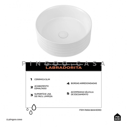 Cuba de Apoio Slim Redonda para Banheiro Louça Cerâmica 38cm Labradorita Branco