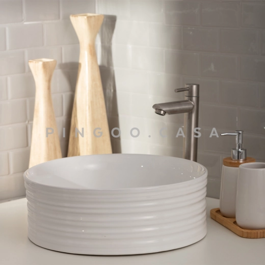 Cuba de Apoio Slim Redonda para Banheiro Louça Cerâmica 38cm Labradorita Branco