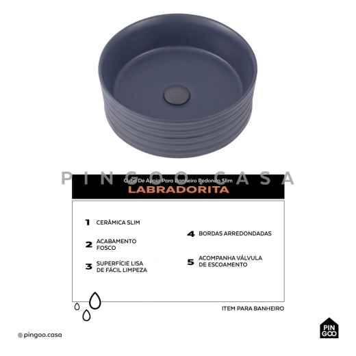 Cuba de Apoio para Banheiro Redonda Slim Louça Cerâmica 38cm Labradorita Cinza