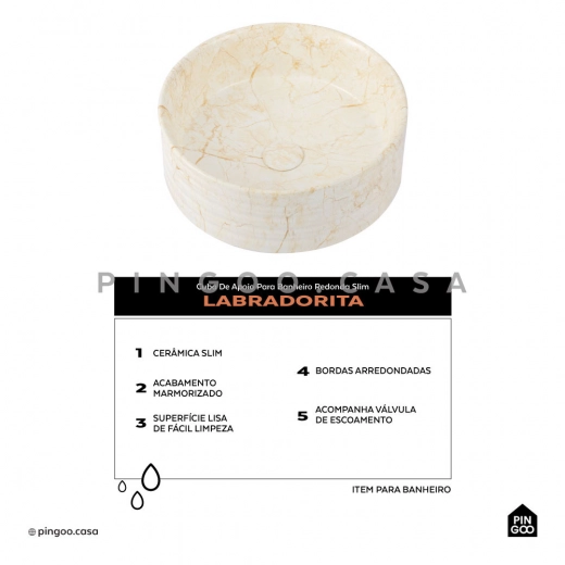 Cuba de Apoio Slim Redonda para Banheiro Louça Cerâmica 38cm Labradorita Marmorizado Gold