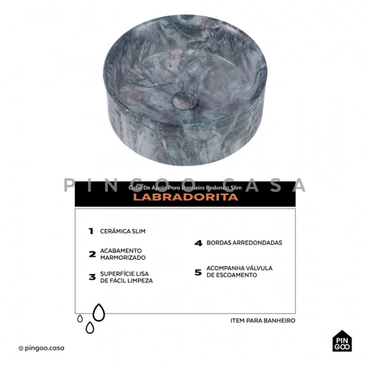 Cuba de Apoio para Banheiro Redonda Slim Louça Cerâmica 38cm Labradorita Grafite Marmorizado