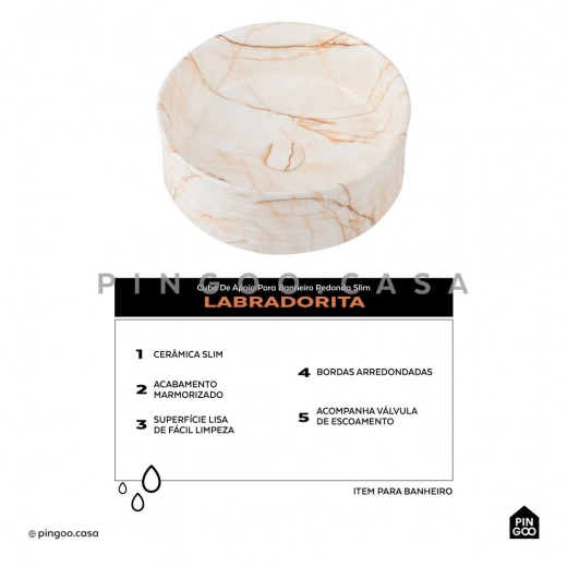Cuba de Apoio Slim Redonda para Banheiro Louça Cerâmica 38cm Labradorita Marmorizado Rose