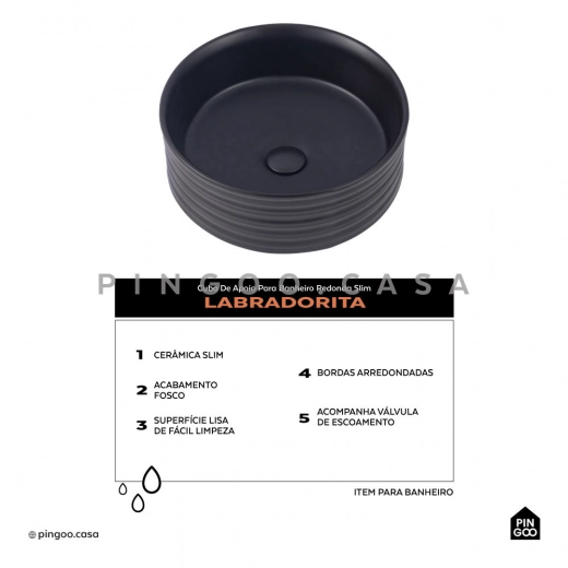 Cuba de Apoio para Banheiro Redonda Slim Louça Cerâmica 38cm Labradorita Preto