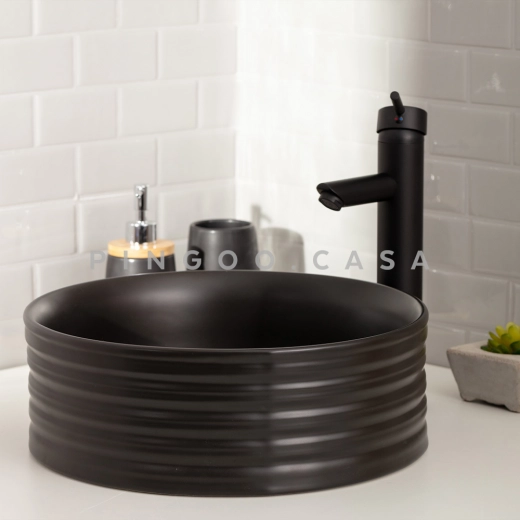 Cuba de Apoio para Banheiro Redonda Slim Louça Cerâmica 38cm Labradorita Preto
