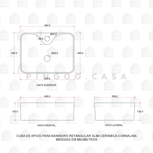 Cuba de Apoio para Banheiro Retangular Slim Louça Cerâmica 40 cm Cornalina Branco