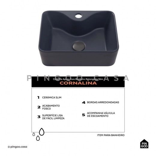Cuba de Apoio Slim Retangular para Banheiro Louça Cerâmica 40x30cm Cornalina Cinza Fosco
