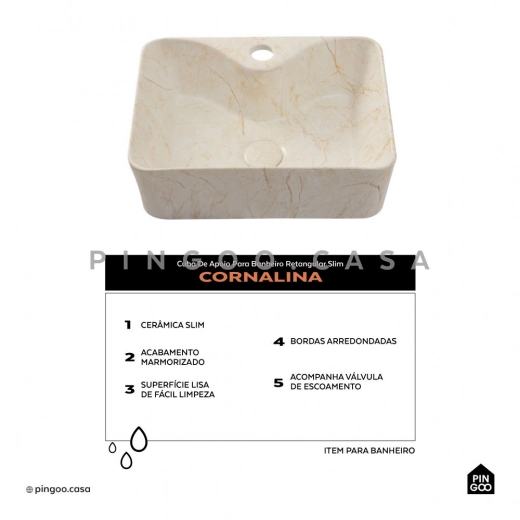 Cuba de Apoio Slim Retangular para Banheiro Louça Cerâmica 40x30cm Cornalina Marmorizado Gold