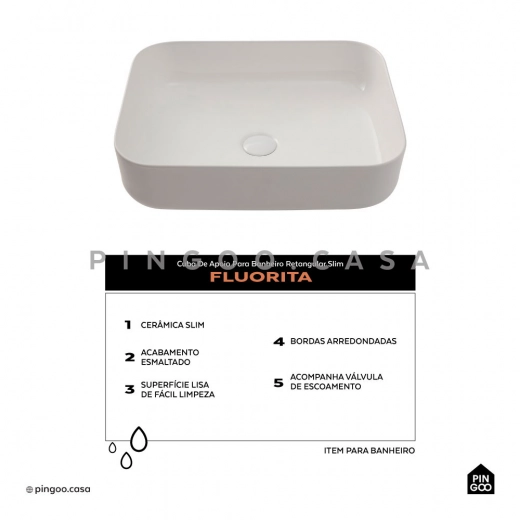 Cuba de Apoio Slim Retangular para Banheiro Louça Cerâmica 50,5x39,5cm Fluorita Branco