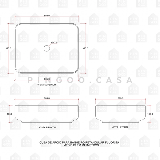 Cuba de Apoio Slim Retangular para Banheiro Louça Cerâmica 50,5x39,5cm Fluorita Branco