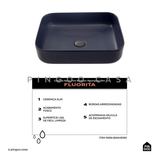 Cuba de Apoio Slim Retangular para Banheiro Louça Cerâmica 50,5x39,5cm Fluorita Cinza Fosco