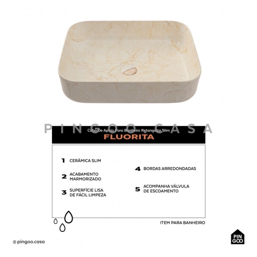 Cuba de Apoio Slim Retangular para Banheiro Louça Cerâmica 50,5x39,5cm Fluorita Marmorizado Gold
