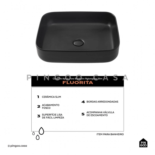 Cuba de Apoio Slim Retangular para Banheiro Louça Cerâmica 50,5x39,5cm Fluorita Preto Fosco
