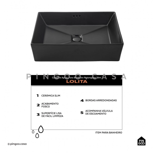 Cuba de Apoio Slim Retangular para Banheiro Louça Cerâmica 60x37,5cm Lolita Preto Fosco
