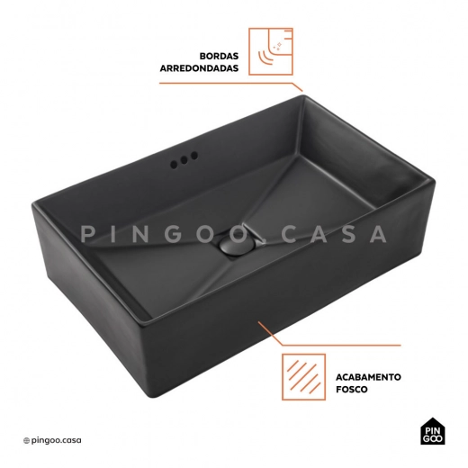 Cuba de Apoio Slim Retangular para Banheiro Louça Cerâmica 60x37,5cm Lolita Preto Fosco