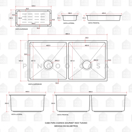 Cuba Dupla Gourmet para Cozinha Aço Inox 304 86x44cm Tukano Dourado