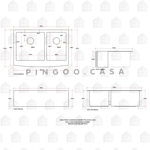 Cuba para Cozinha Gourmet Pia Dupla Aço Inox 304 Kiriri Pequena 79x53 cm Prata