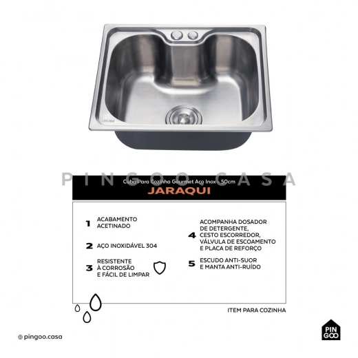 Cuba Gourmet para Cozinha Aço Inox 304 50x40cm Jaraqui Prata