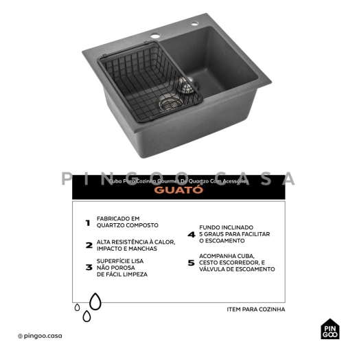 Cuba Gourmet para Cozinha com Acessórios Quartzo 50x43cm Guató Cinza