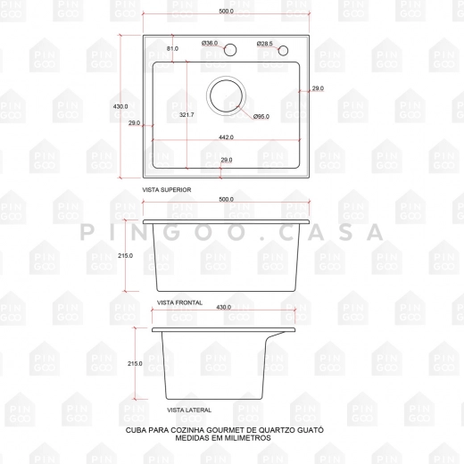 Cuba Gourmet para Cozinha com Acessórios Quartzo 50x43cm Guató Cinza