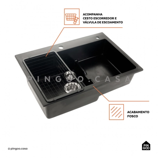 Cuba Gourmet para Cozinha com Escorredor Quartzo 68x46cm Aruak Preto