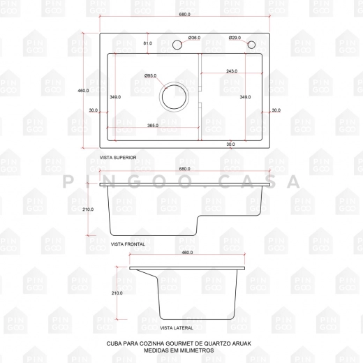 Cuba Gourmet para Cozinha com Escorredor Quartzo 68x46cm Aruak Preto