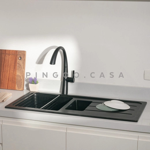 Cuba para Cozinha Gourmet Dupla de Quartzo Com Escorredor Mukurin Preto Cuba para Cozinha Gourmet Dupla de Quartzo Com Escorredor Mukurin Preto