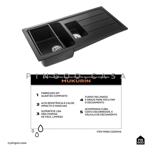 Cuba para Cozinha Gourmet Dupla de Quartzo Com Escorredor Mukurin Preto Cuba para Cozinha Gourmet Dupla de Quartzo Com Escorredor Mukurin Preto