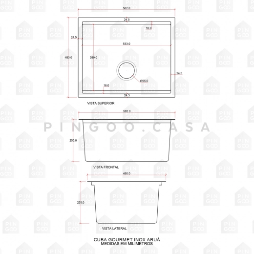 Cuba para Cozinha Gourmet Aço Inox 304 Workstation Com Acessórios Aruá 58x48 cm Preto