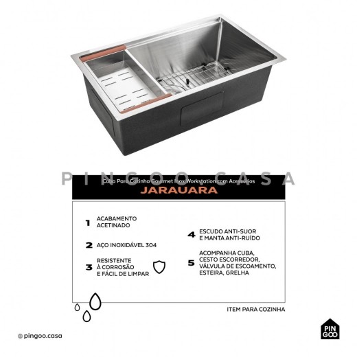 Cuba Gourmet para Cozinha com Acessórios Aço Inox 304 76x45cm Workstation Jarauara Prata