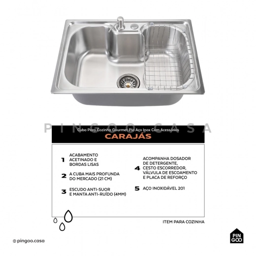 Cuba para Cozinha Gourmet Pia Aço Inox 201 Com Acessórios Carajás Prata