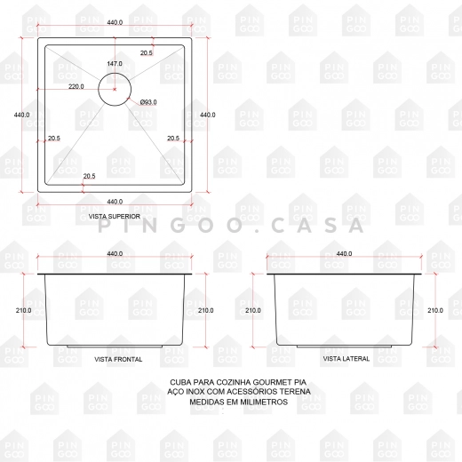 Cuba Gourmet para Cozinha Aço Inox 304 44x44cm Terena Dourado Rose