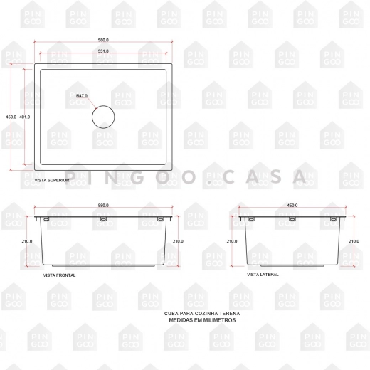 Cuba Gourmet para Cozinha Aço Inox 304 58x45cm Terena Dourado Rose