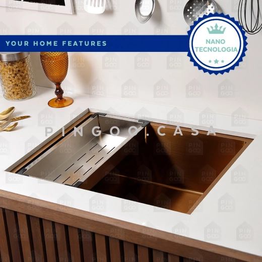 Cuba Gourmet para Cozinha Aço Inox 304 58x45cm Terena Dourado Rose