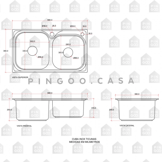 Cuba para Cozinha Gourmet Pia Dupla Aço Inox 201 Ticunas Preto