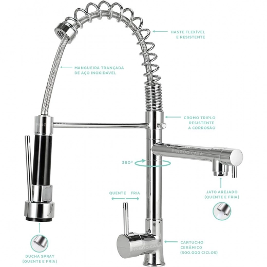 Cuba para Cozinha Pia Dupla Inox com Acessórios e Lixeira Potiguara e Torneira para Cozinha Misturador Monocomando Gourmet Munim Prata