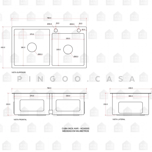 Cuba para Cozinha Pia Dupla Aço Inox 304 Awá 78x43 cm Dourado