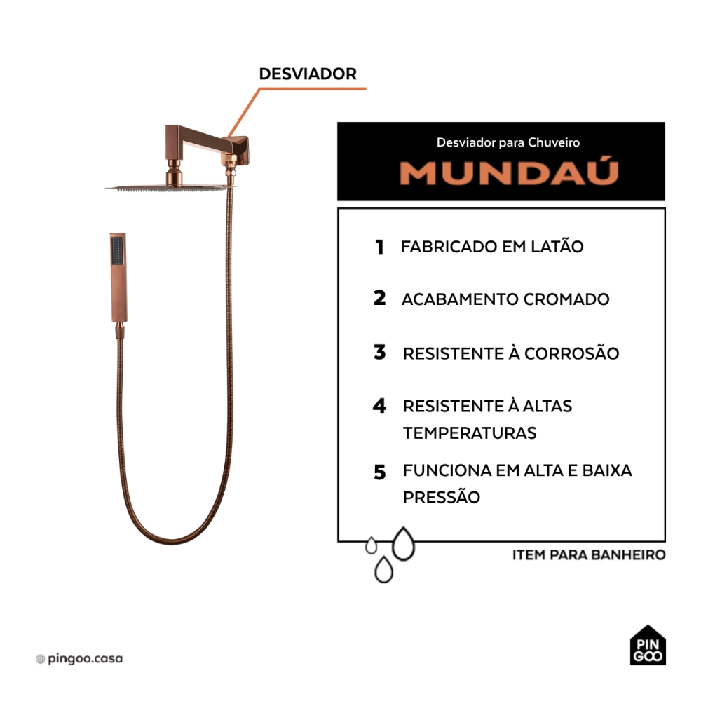 Desviador Para Chuveiro Mundaú Pingoo.Casa - Dourado Rose