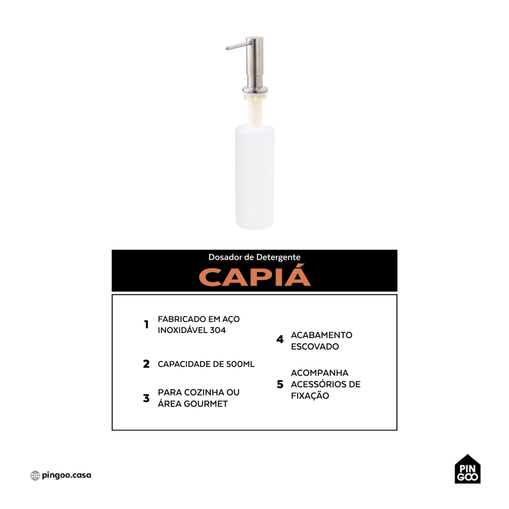 Dosador de Detergente Capiá 500ml Aço Inox 304 Pingoo.casa - Prata Dosador de Detergente Capiá 500ml Aço Inox 304 Pingoo.casa - Prata