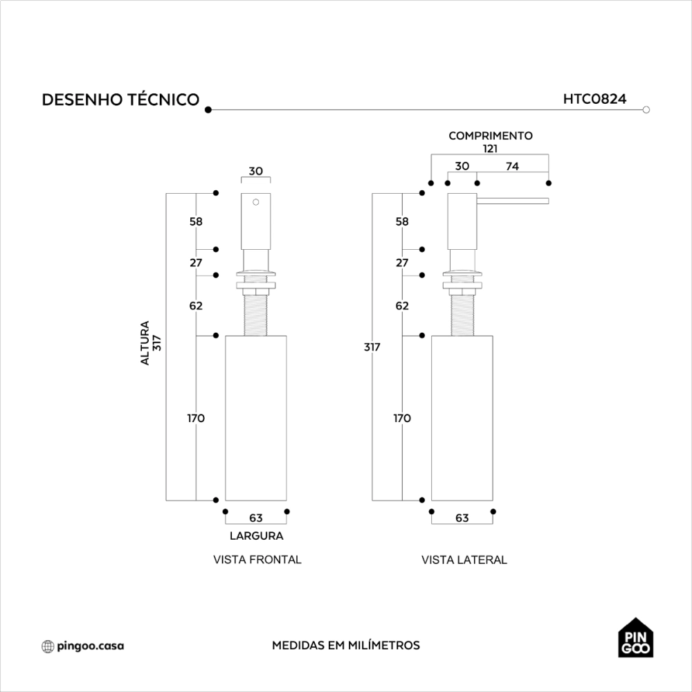 Dosador de Detergente Capiá 500ml Aço Inox 304 Pingoo.casa - Prata Dosador de Detergente Capiá 500ml Aço Inox 304 Pingoo.casa - Prata