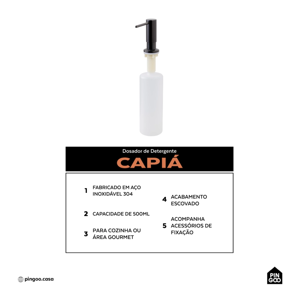 Dosador de Detergente Capiá 500ml Aço Inox 304 Pingoo.casa - Preto