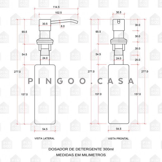 Dosador de detergente 300ml Aço Inox 304 Prata