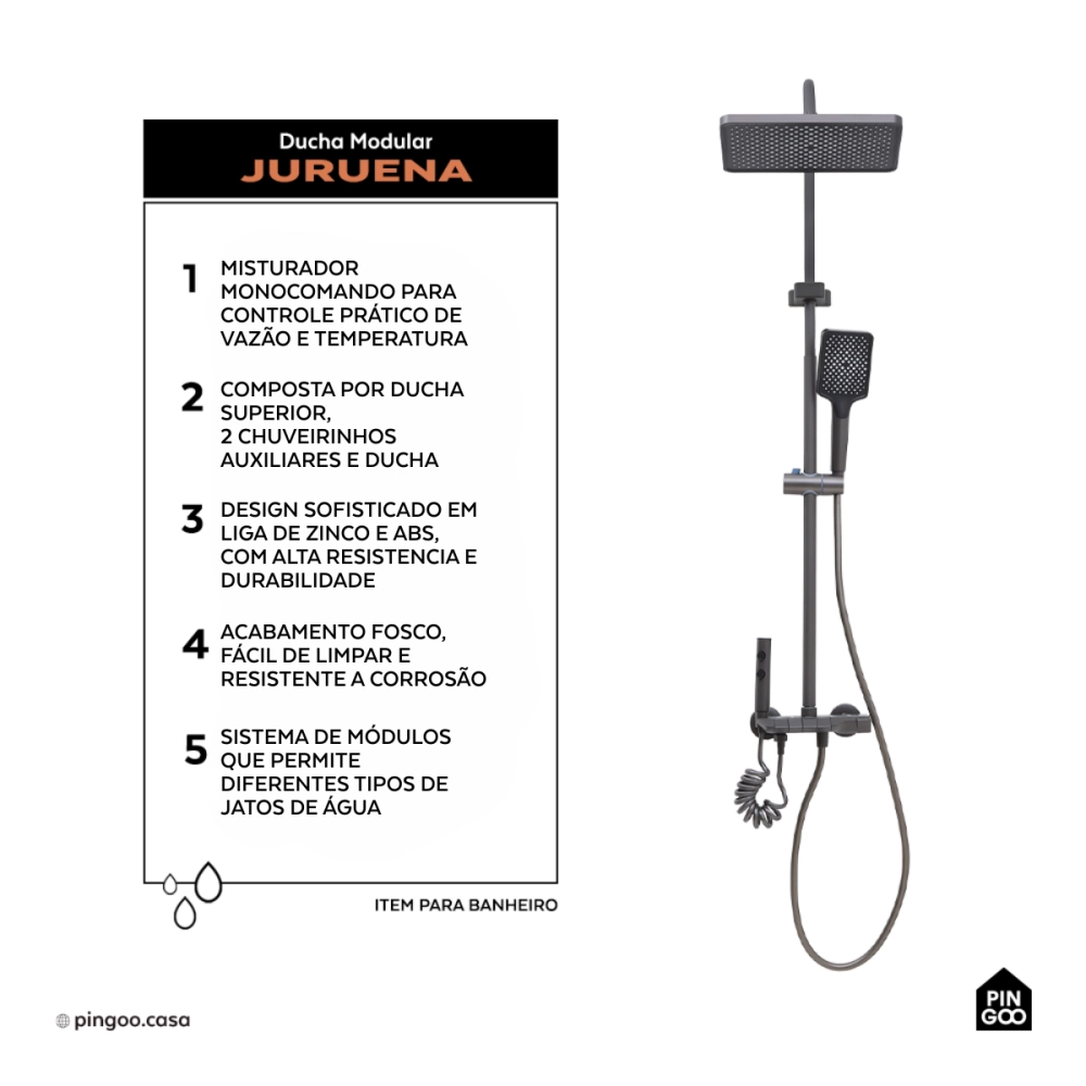 Ducha Chuveiro Modular de Parede Retangular Juruena Pingoo.casa - Grafite