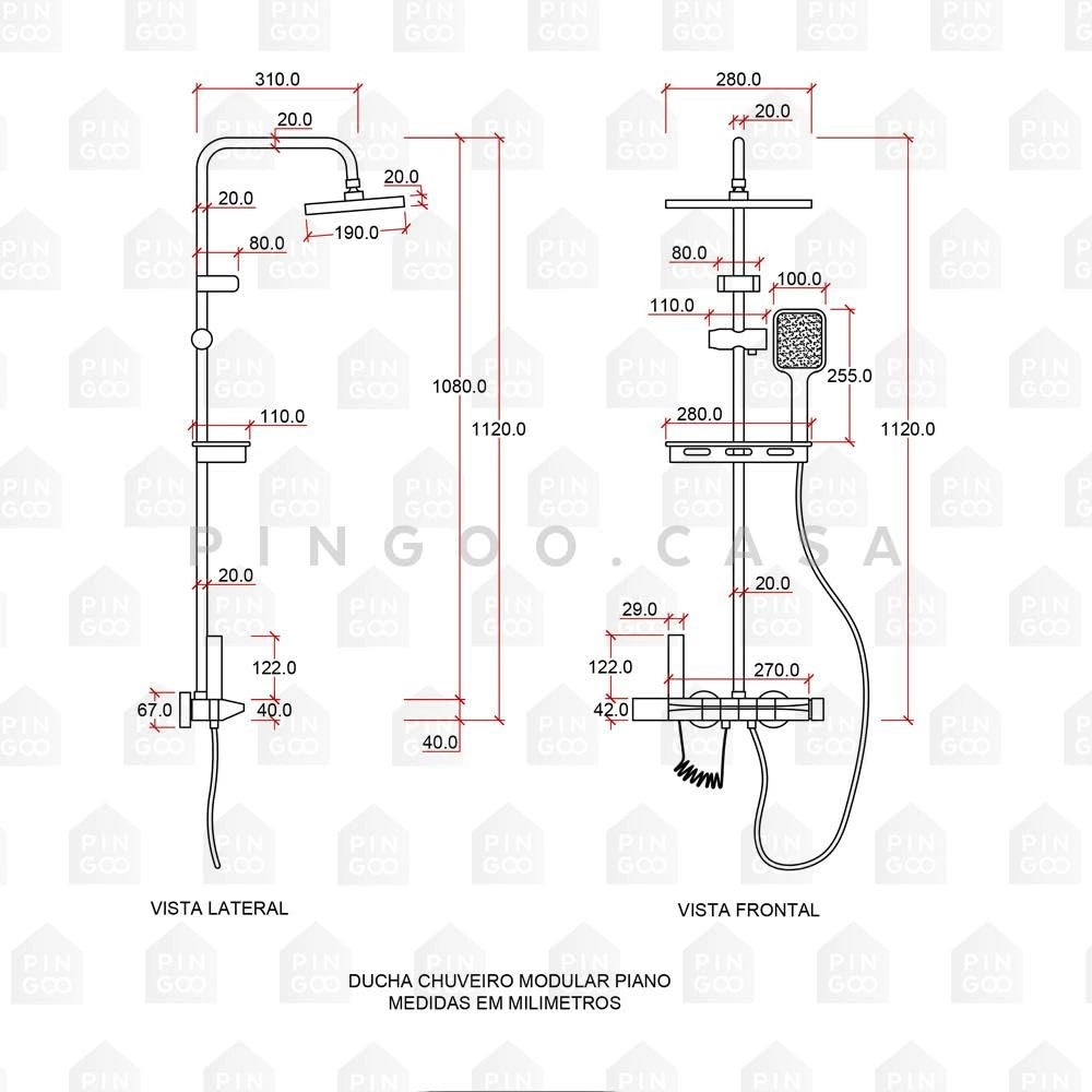 Ducha Chuveiro Modular Piano Quadrado