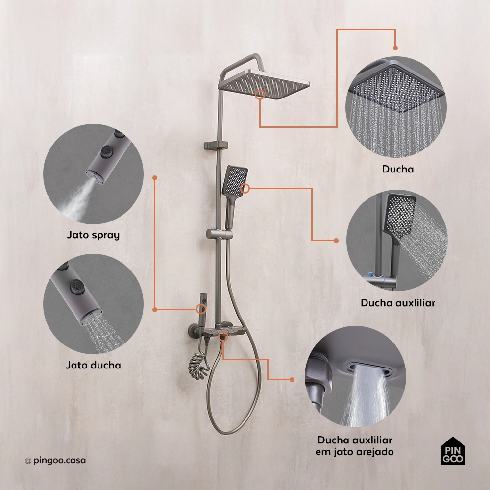 Ducha Chuveiro Modular de Parede Retangular Juruena Pingoo.casa - Grafite