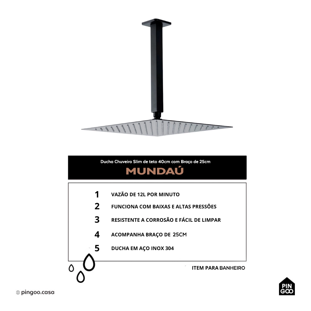 Ducha Chuveiro Quadrado de Teto 40cm com Braço de 25cm Mundaú Preto